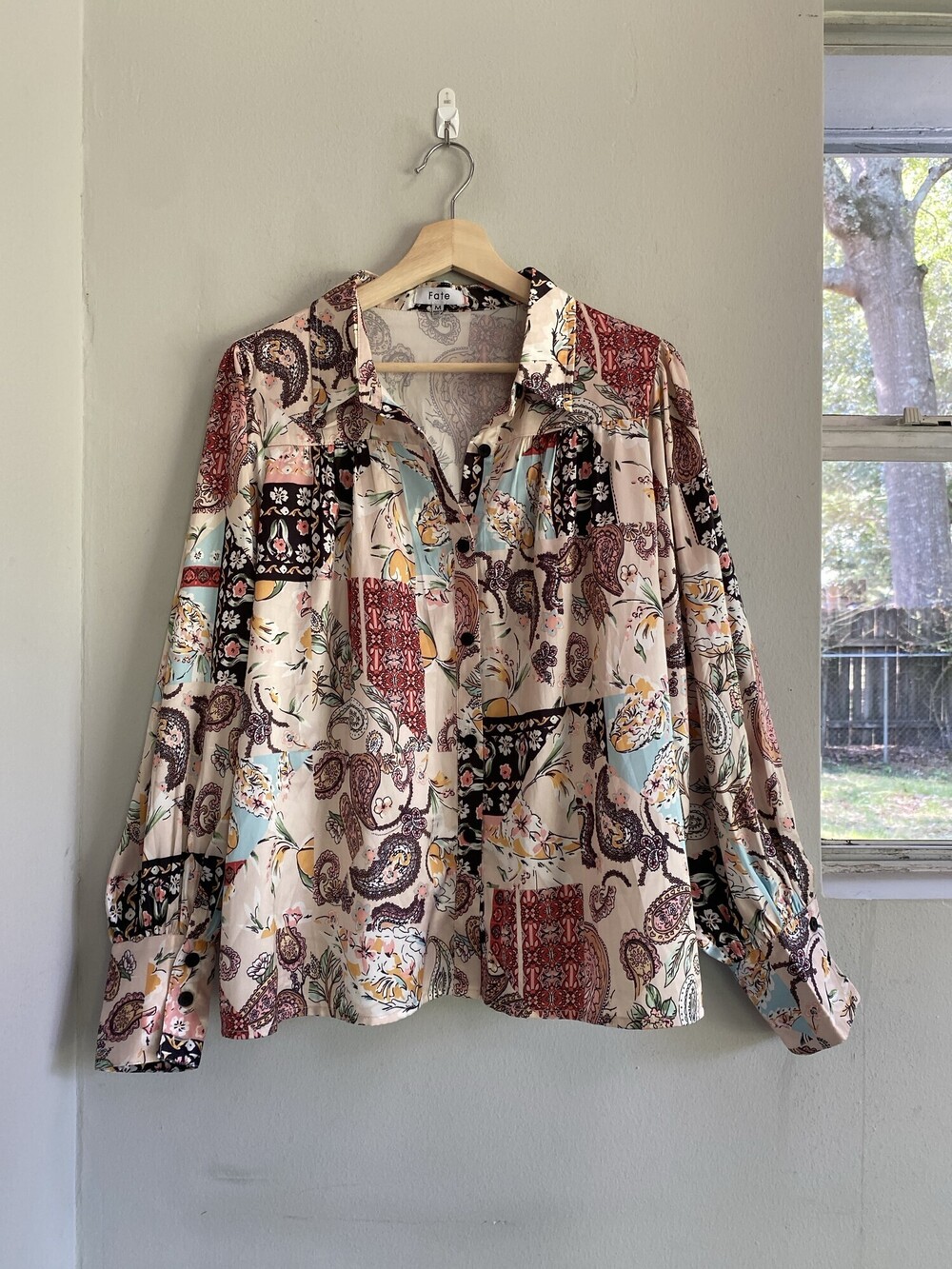 Fate Paisley Satin Blouse Long Sleeve Button Front Multicolor M